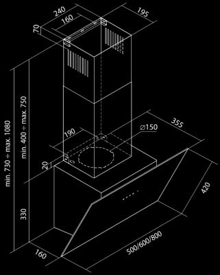 Væghængt emhætte Dynamic Pro Black - Rysunek techniczny