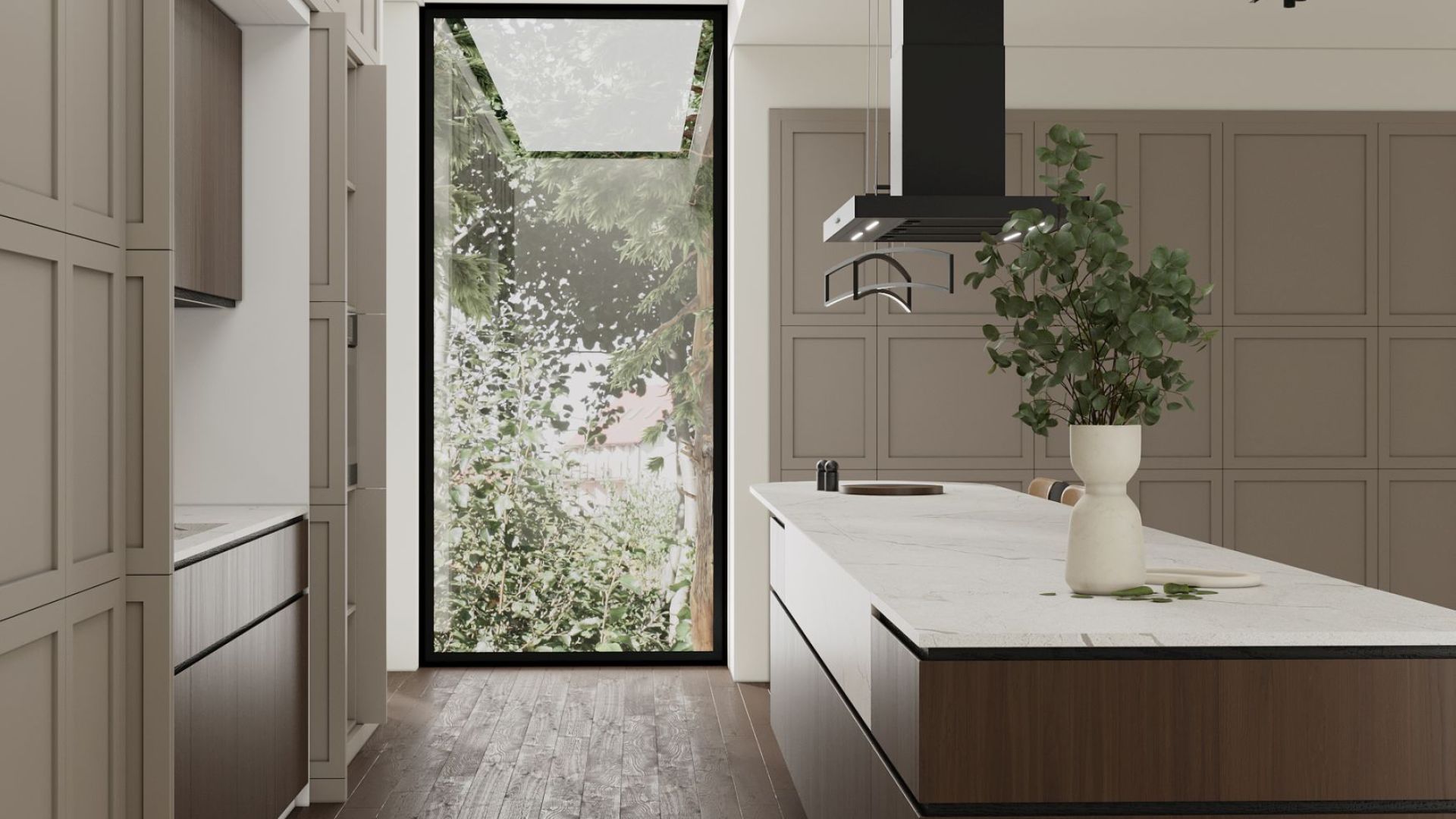 Frithængende emhætte Sento Eco Island Strips Black Matt - Matsort - Wizualizacja 3